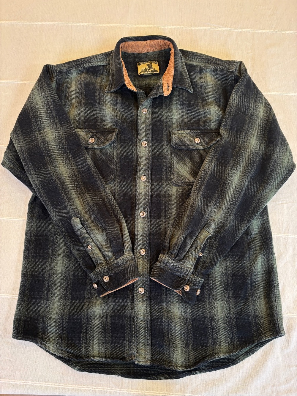 Field & Stream Vintage Plaid Wool Blend Shirt Jacket Green Black Corduroy Trim L